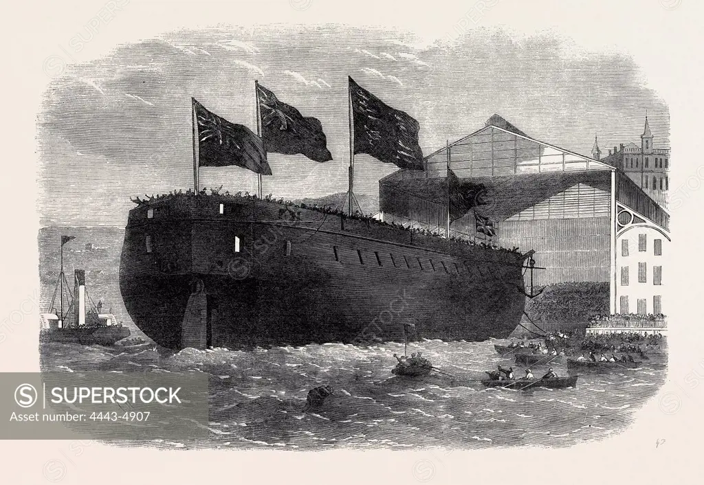LAUNCH OF HER MAJESTY'S ARMOUR-PLATED SCREW FRIGATE CALEDONIA, 31 GUNS, AT WOOLWICH, 1862