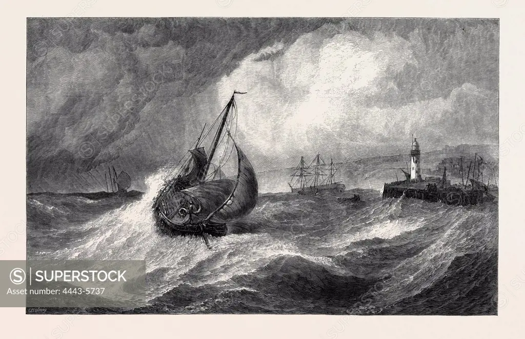 'FRESHENING GALE, SCARBOROUGH, FISHING BOATS RETURNING TO HARBOUR,' BY E. HAYES, FROM THE ROYAL ACADEMY EXHIBITION, 1871