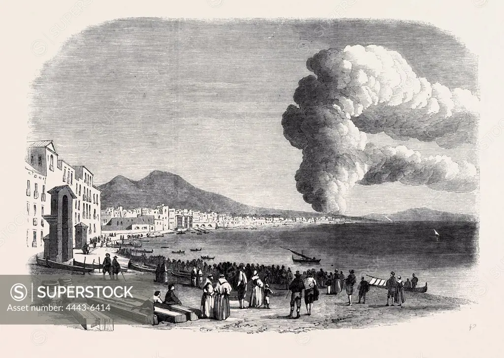ERUPTION OF MOUNT VESUVIUS NEAR THE FOOT OF THE HILL, BETWEEN RESINA AND TORRE DEL GRECO, AS SEEN FROM THE MARINELLA AT NAPLES, DECEMBER 28, 1861