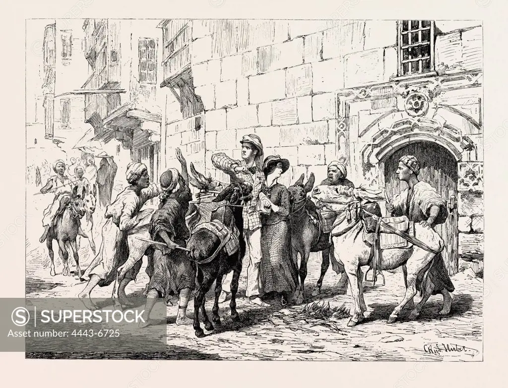 DONKEY-BOYS AND FOREIGNERS.  Egypt, engraving 1879
