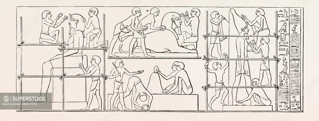 OLD EGYPTIAN REPRESENTATION OF THE MAKING OF TWO STATUES AND A SPHINX. Egypt, engraving 1879