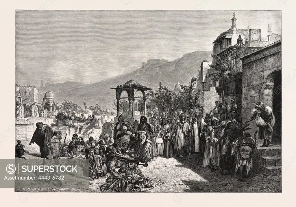 DISTRIBUTION OF DATES IN A CEMETERY AT CAIRO  Egypt, engraving 1879
