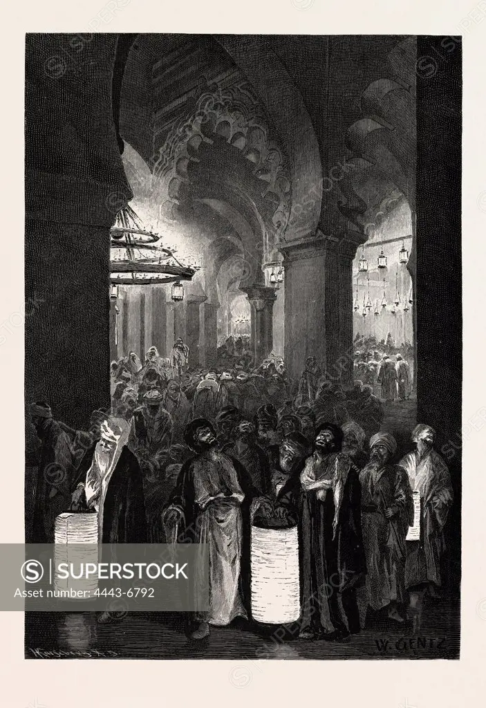 A NIGHT OF THE RAMADAN, THE HOUR OF PRAYER.  Egypt, engraving 1879
