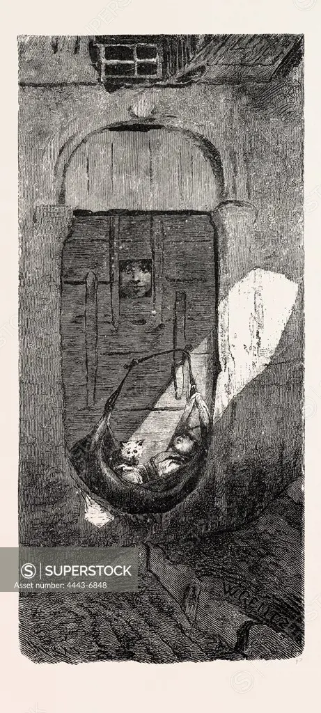 FELLAH BABY AND ITS WATCHER. Egypt, engraving 1879
