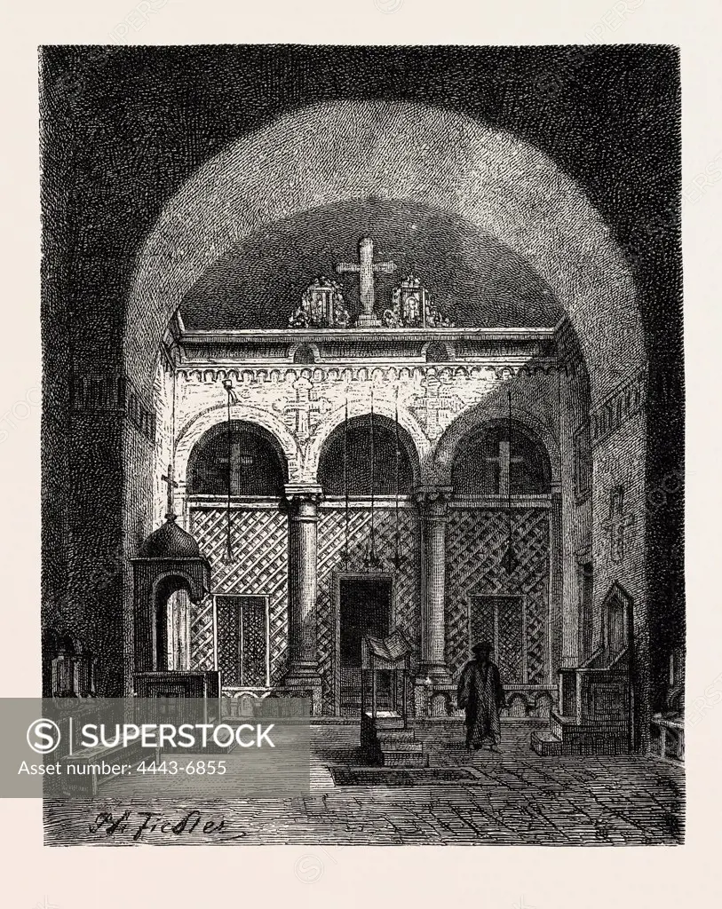 INTERIOR OF A KOPTIC CHURCH. Writing room at Girgeh     Egypt, engraving 1879