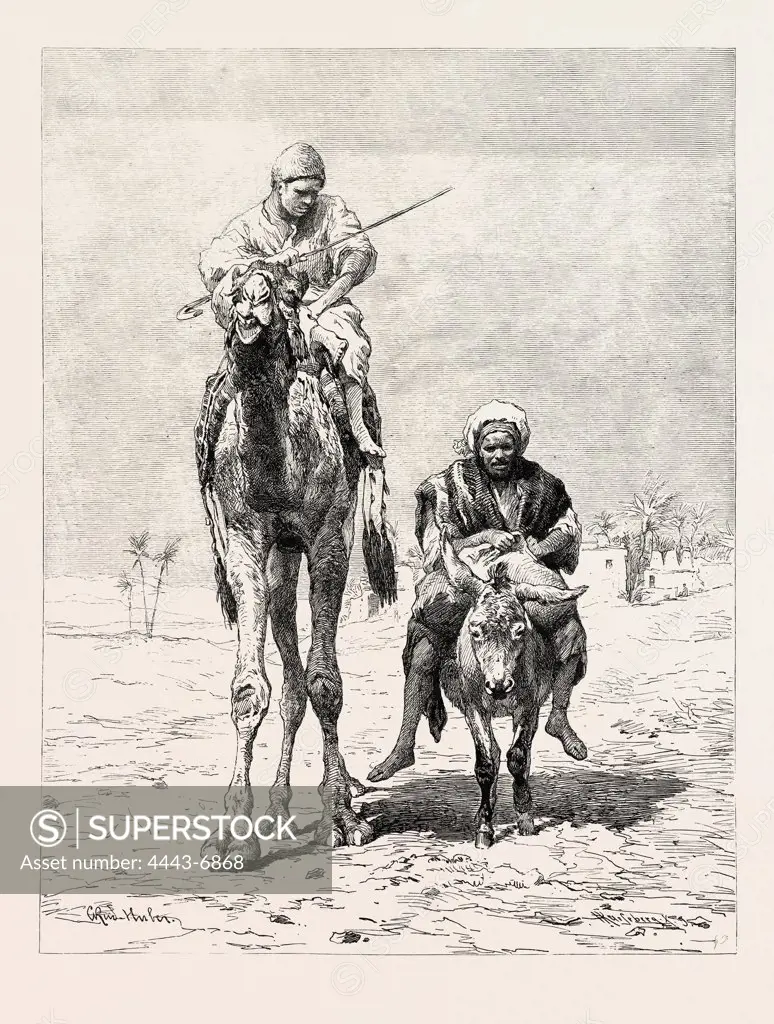 FELLAHEEN RIDING TO MARKET. Egypt, engraving 1879