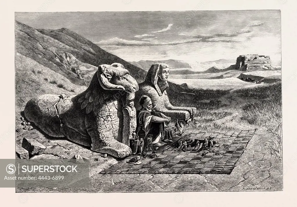 DEALER IN ANTIQUITIES ON THE ROAD FROM LUXOR TO KARNAK. Egypt, engraving 1879