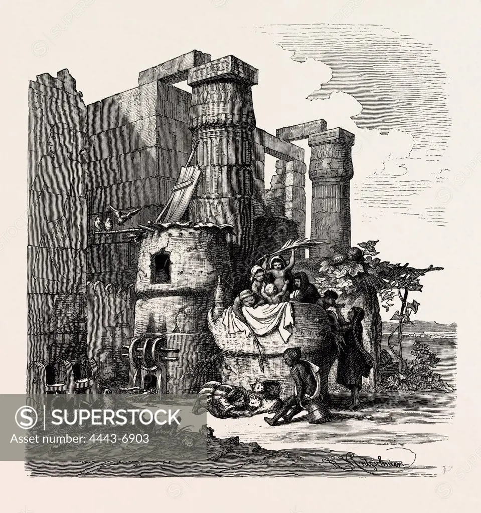 NURSERY FOR CHICKENS AND CHILDREN IN THE RUINS OF LUKSOR. Egypt, engraving 1879
