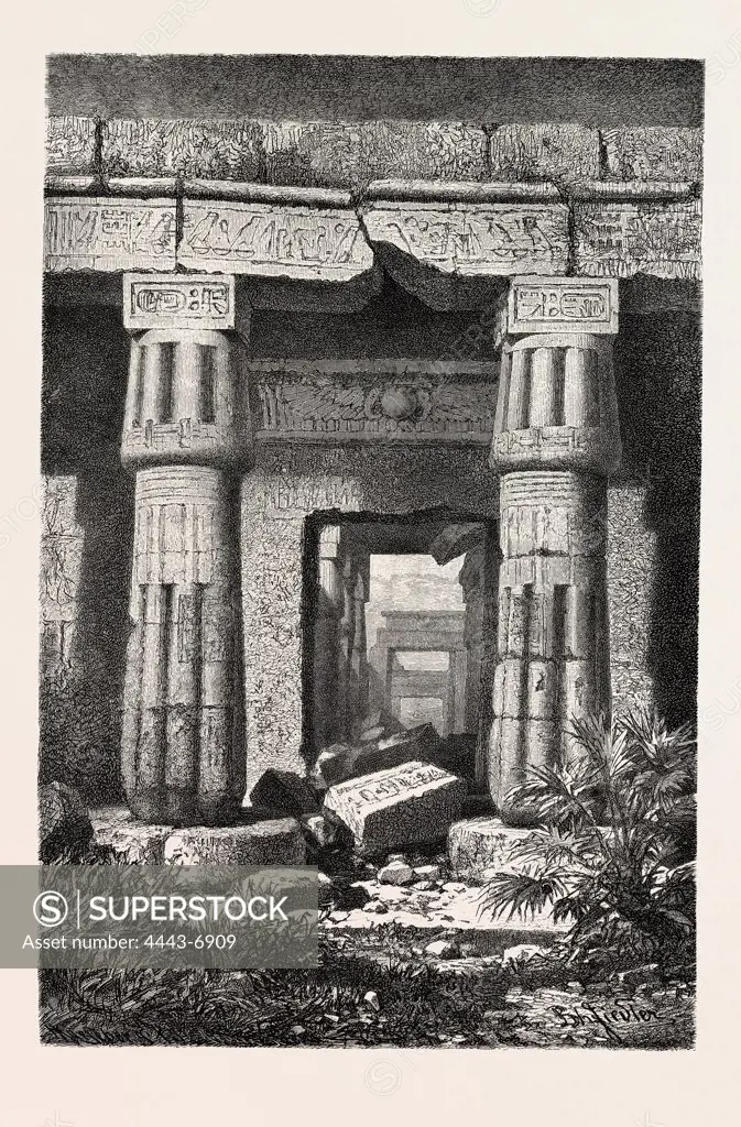 FORECOURT AND ENTRANCE OF THE HOUSE OF SETI (TEMPLE OF KURNAH). Egypt, engraving 1879