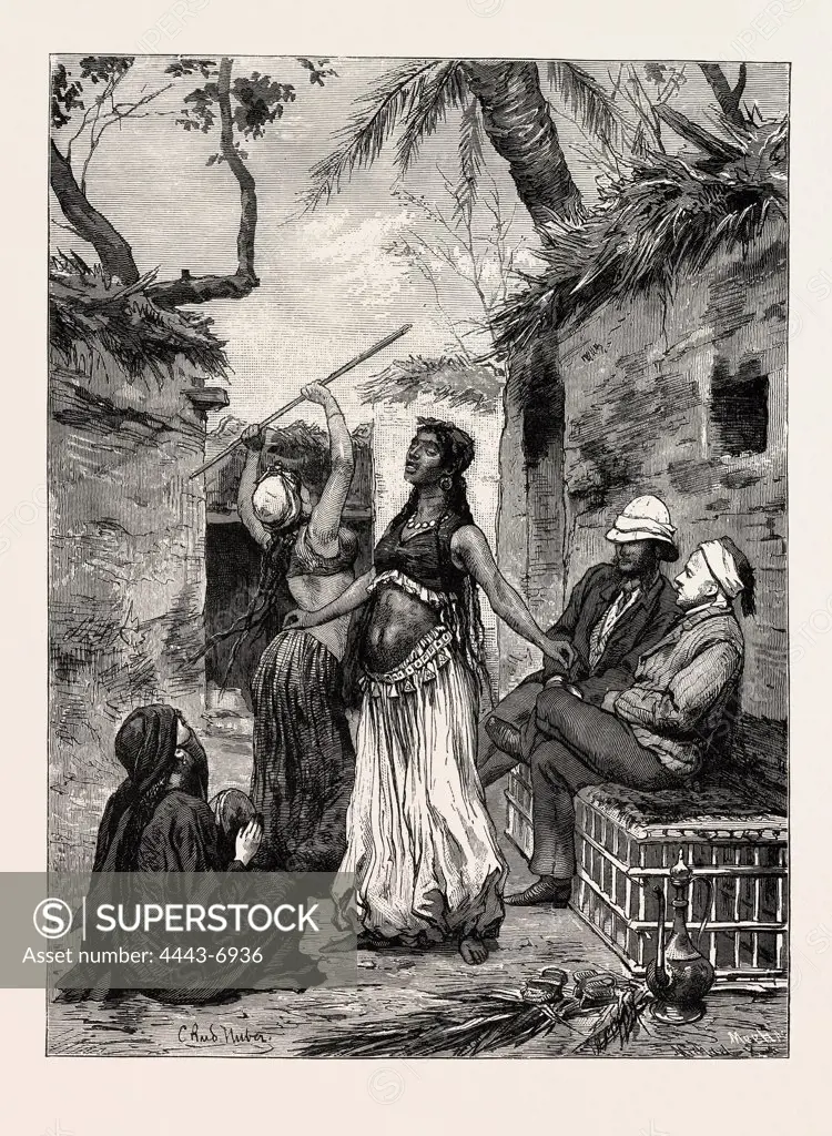 VILLAGE DANCERS. Egypt, engraving 1879