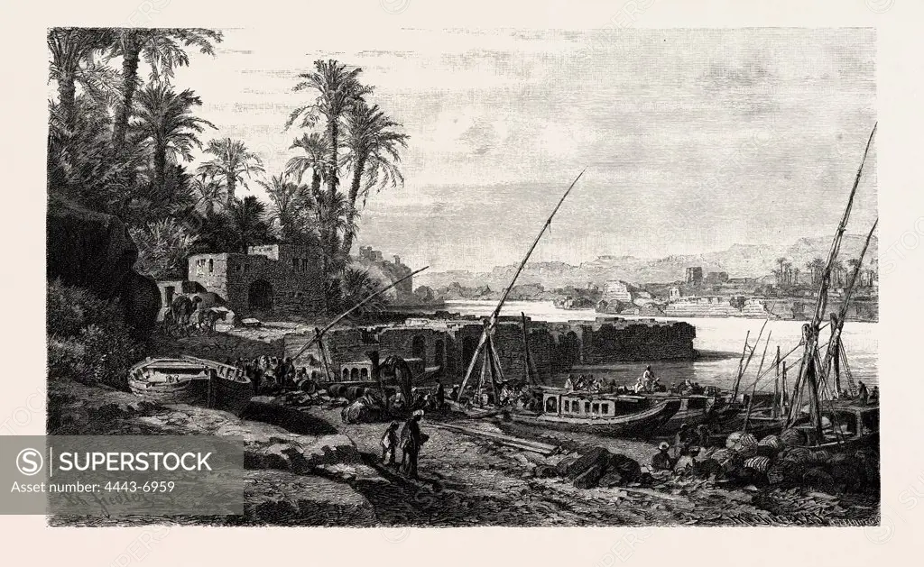 Port of Assouan. Egypt, engraving 1879