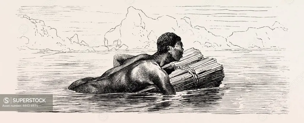 NUBIAN SWIMMING ON A BUNDLE OF REEDS. Egypt, engraving 1879