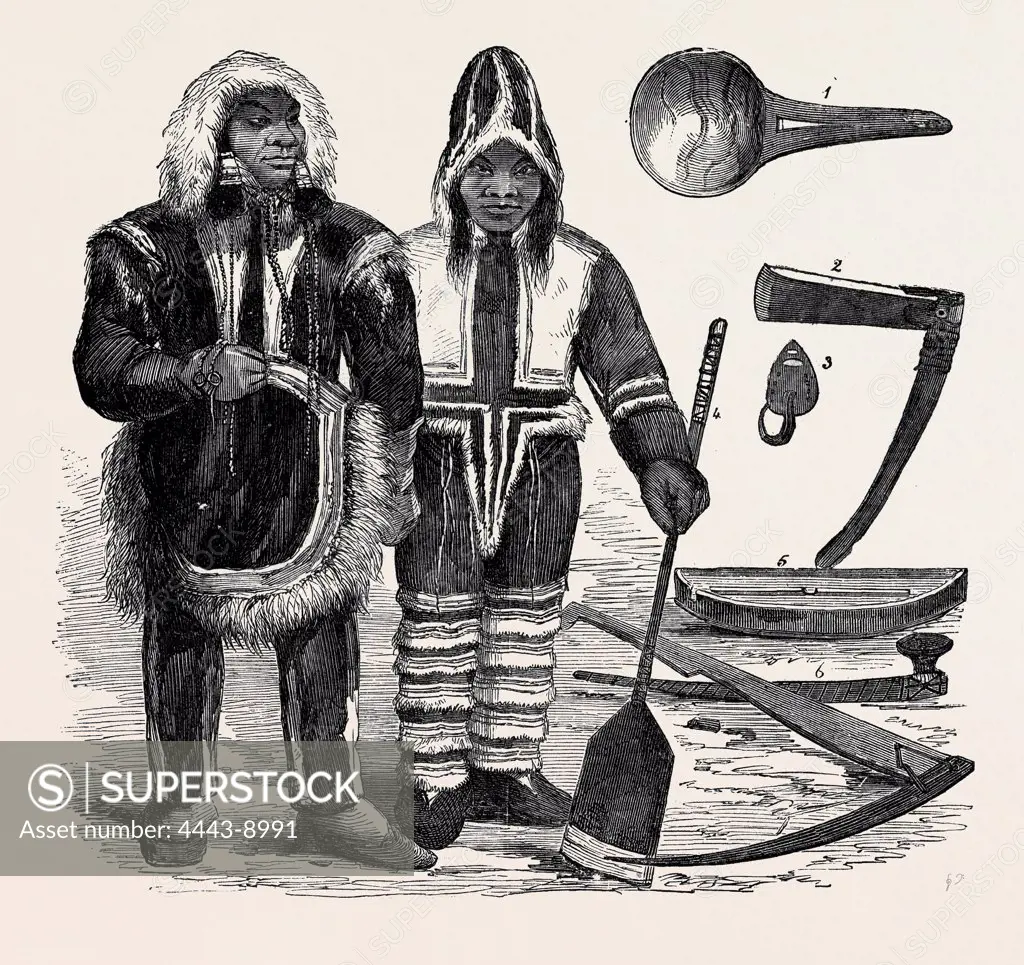 COSTUME OF A NEW TRIBE OF ESQUIMAUX; DISCOVERED BY DR. RAE, ON VICTORIA LAND; AND ARCTIC IMPLEMENTS, FROM MR. BARROW'S COLLECTION, AT THE POLYTECHNIC INSTITUTION; 1. Bowl. 2. Adze. 3. Fishhook. 4. Snow shovel. 5. Lamp. 6. Pipe. 7. Pick-axe.