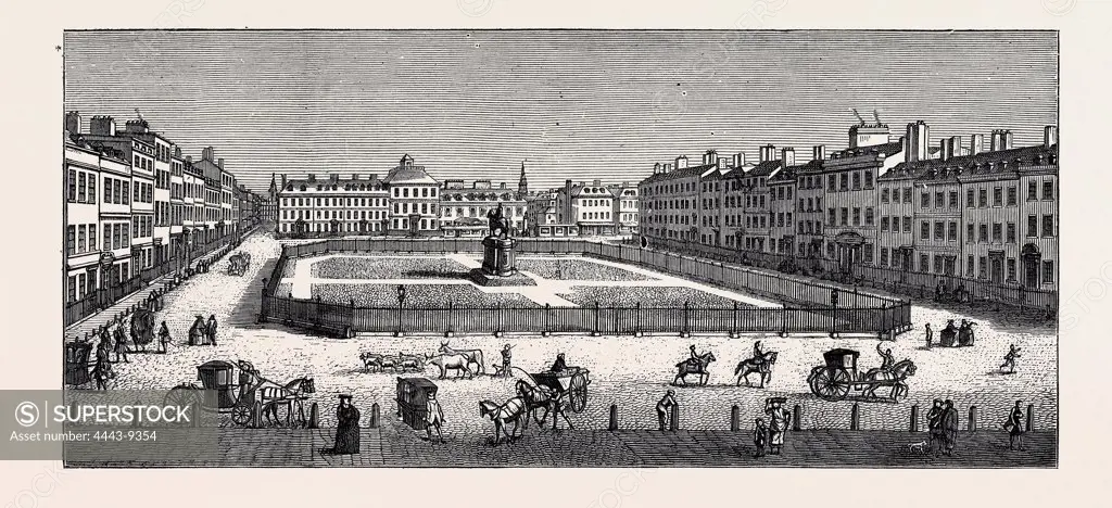 THE SQUARE IN 1753, THE INAUGURATION OF LEICESTER SQUARE, 1874 engraving
