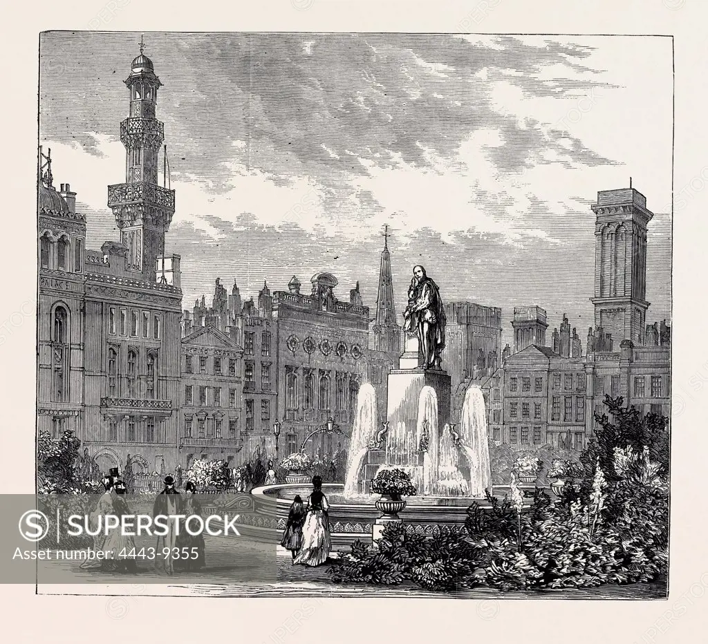 THE SQUARE IN 1874, THE INAUGURATION OF LEICESTER SQUARE, 1874 engraving
