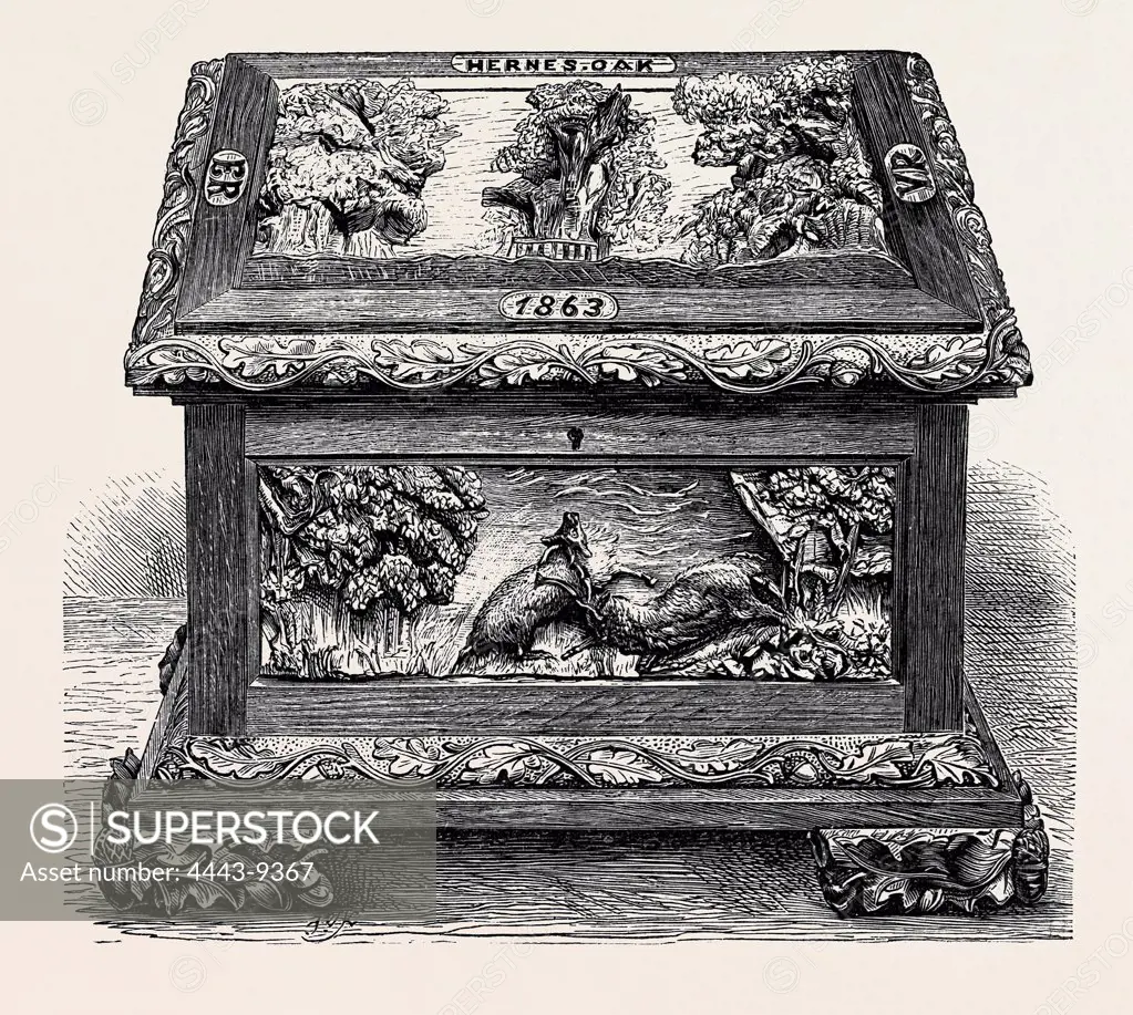 CASKET CARVED OUT OF WOOD FROM HERNE'S OAK, BY ORDER OF HER MAJESTY, 1874 engraving
