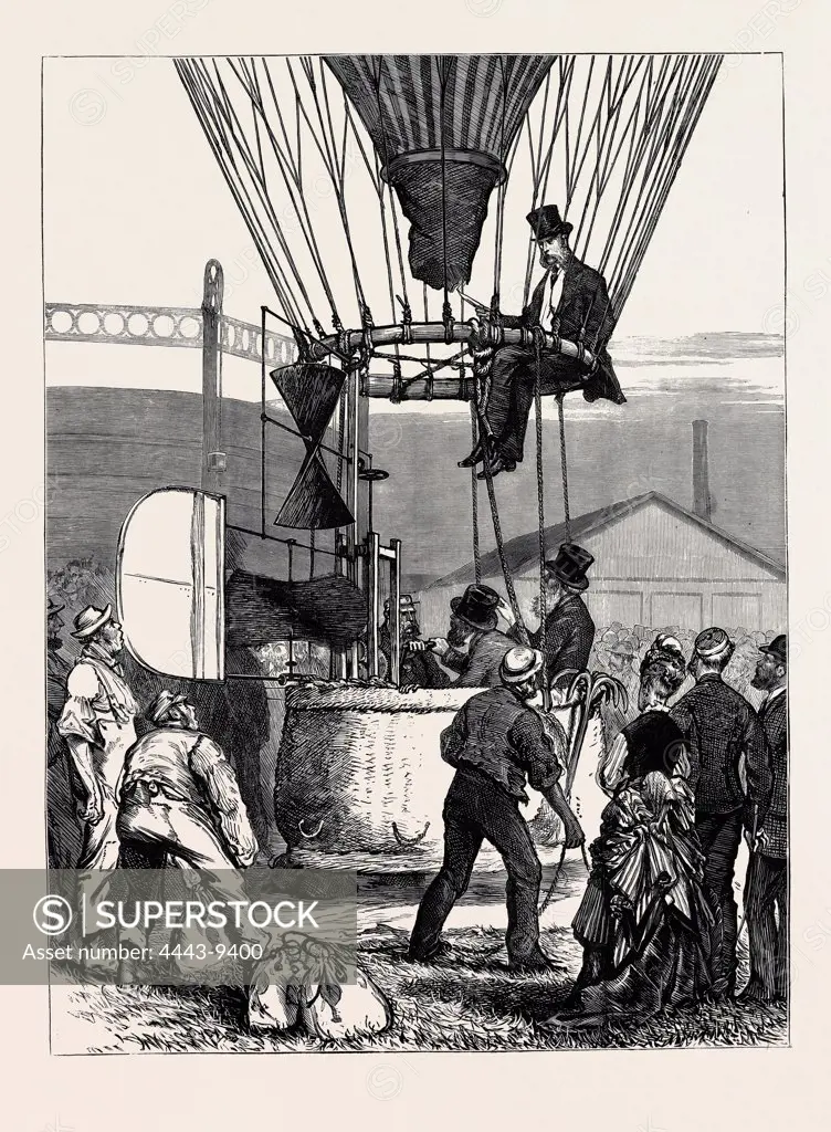 MILITARY BALLOONING, EXPERIMENTAL ASCENT AT WOOLWICH ARSENAL, 1874 engraving