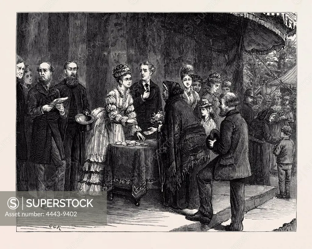 CITY OF LONDON FLOWER SHOW IN DRAPERS' HALL GARDEN, H.R.H. THE PRINCESS LOUISE GIVING THE PRIZES, AUGUST 1, 1874, 1874 engraving