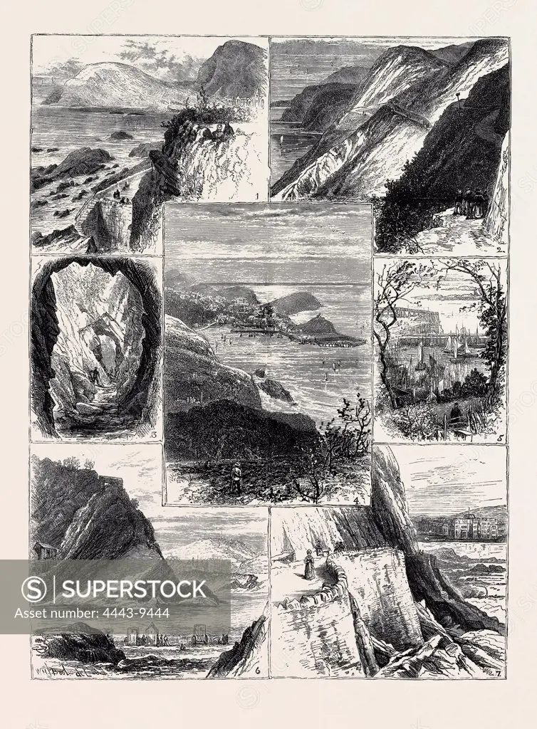 A VISIT TO ILFRACOMBE, 1. View from the Hotel Garden. 2. The Torrs. 3. Briery Cave, Watermouth. 4. Ilfracombe, from Hillsborough. 5. The Harbour, from Key Fields. 6. The Bathing Cove. 7. Capstone Parade, 1874 engraving
