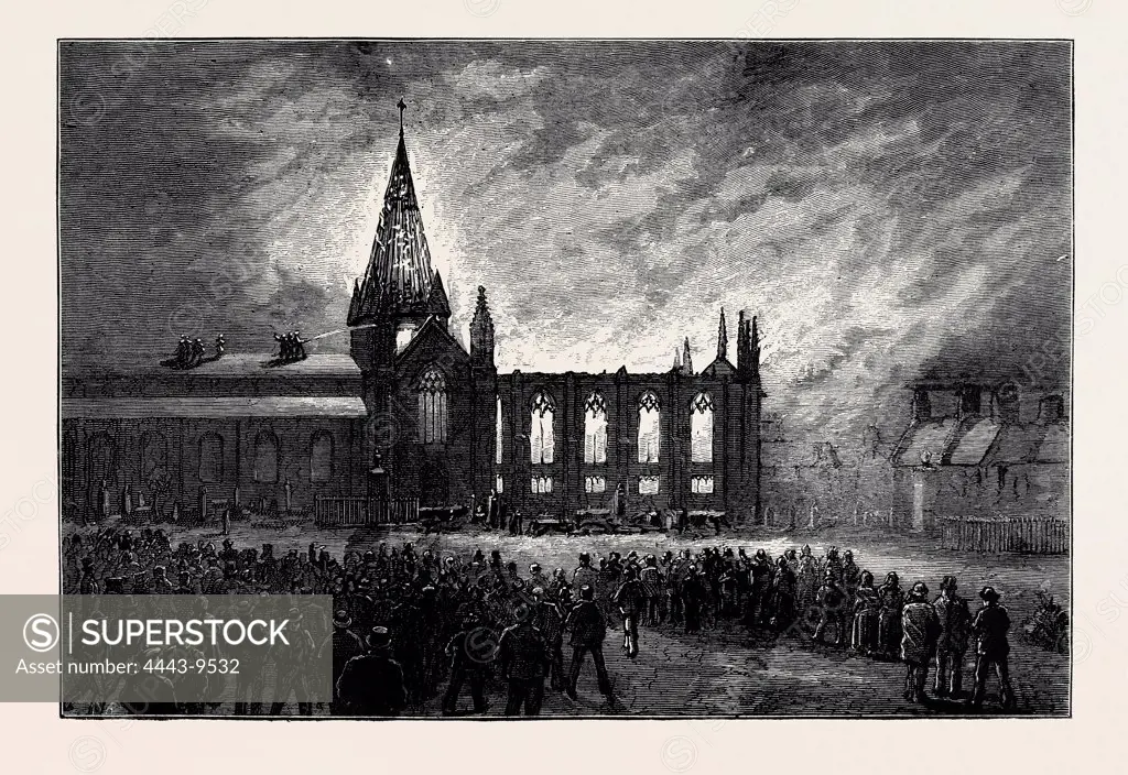 THE GREAT FIRE AT ABERDEEN, DESTRUCTION OF THE EAST CHURCH, OCTOBER 17, 1874, 1874 engraving