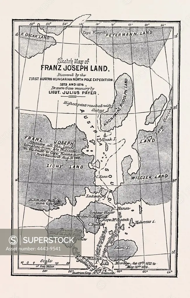 THE AUSTRIAN POLAR EXPEDITION, MAP OF FRANZ JOSEPH LAND, DISCOVERED BY MESSRS. PAYER AND WEYPRECHT, 1874 engraving
