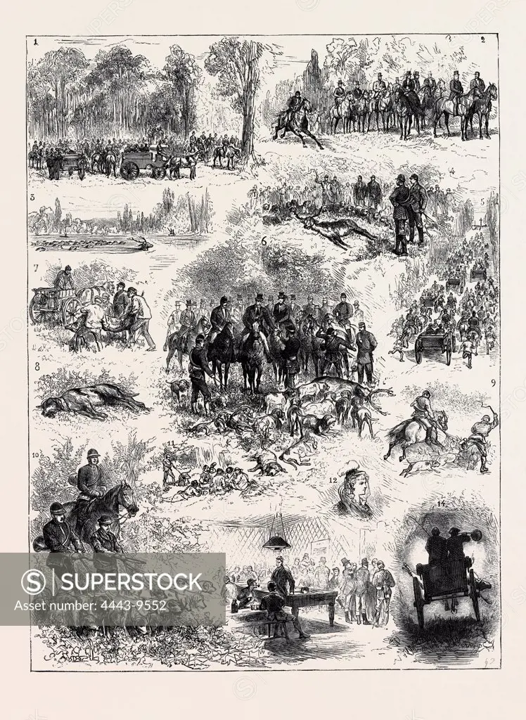 VISIT OF THE PRINCE OF WALES TO FRANCE, THE STAG HUNT AT CHANTILLY; 1. The Rendezvous. 2. The Hunt. 3. The Stag in the Water. 4. The Death. 5. Going to see the Stag. 6. Presenting the Hoof of Honour to the Prince of Wales. 7. Carrying the Dead Stag. 8. A Victim left on the Field of Honour. 9. Huntsman and Dogs. 10. Beaters and Dogs. 11. Some who do not Hunt. 12. A Guest. 13. Hotel de Cygne, Rendezvous of the Servants. 14. Bringing Home the Stag., 1874 engraving