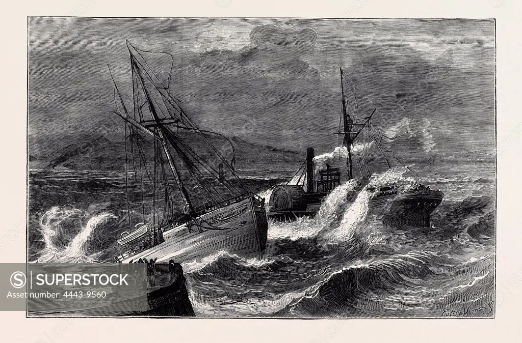 THE RECENT GALE, WRECK OF THE STEAMER CHUSAN OFF ARDROSSAN HARBOUR, 1874 engraving
