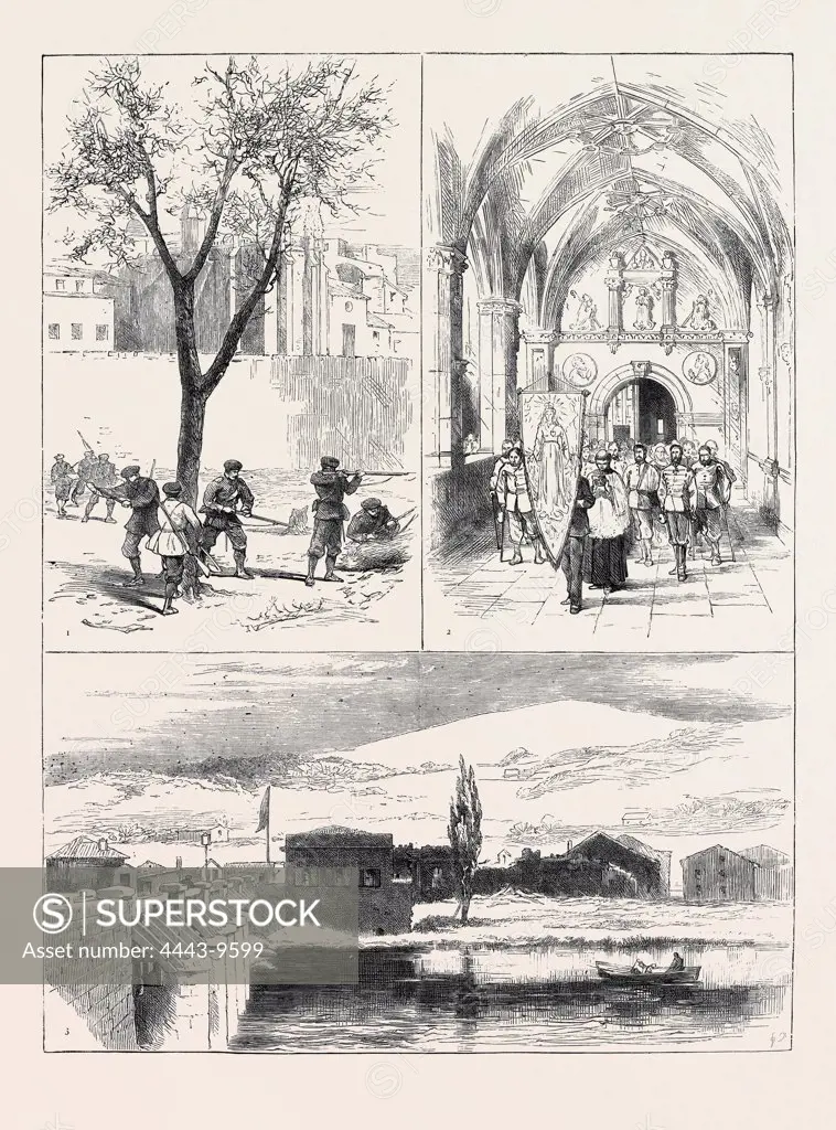 THE CIVIL WAR IN SPAIN; 1. Republican Guardia Foral cutting down Timber before Pampeluna under Fire from the Carlists. 2. Wounded of the Ambulance of La Caridad passing through the Cloisters of the Monastery of Yrache. 3. View of B_hobie from the French Side of the River, 1874 engraving