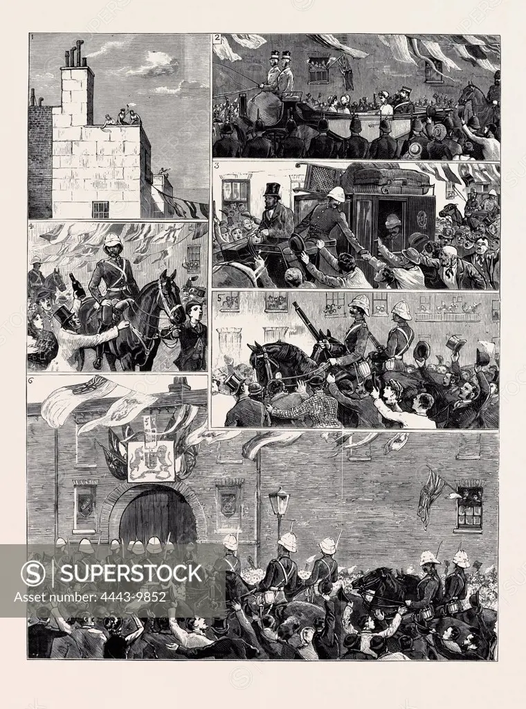 THE RETURN OF THE TROOPS FROM EGYPT, SCENES IN THE STREETS DURING THE MARCH OF THE ROYAL HORSE GUARDS (BLUE) FROM THE DOCKS TO THE ALBANY STREET BARRACKS
