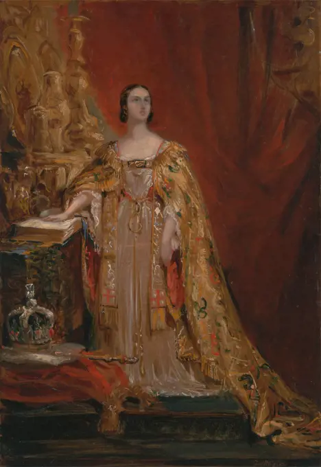 Queen Victoria Taking the Coronation Oath, June 28, 1838, Sir George Hayter, 1792-1871, British, 1850, Oil on panel, Support (PTG): 14 3/16 x 10 inches (36 x 25.4 cm), cape, coronation, gold, jewels, portrait, red, robes, royal, scepter, woman