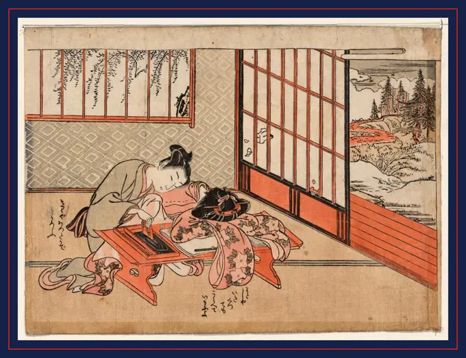 Kisaragi, Kisaragi: the second month., Isoda, Koryusai, active 1764-1788, artist, 1772 or 1773, 1 print : woodcut, color ; 19.2 x 26.1 cm., Print shows a man and woman at a low table in a room with open window and view of the landscape; the woman is resting her head on her arms on the table.