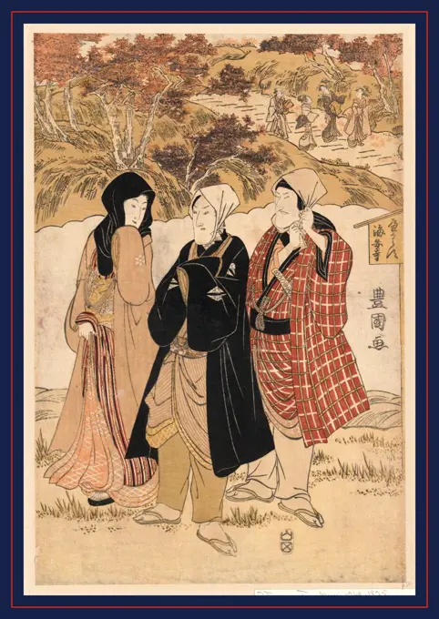 San yakusha kaian-ji no momijigari, Three actors gathering maple leaves at Kaian Temple., Utagawa, Toyokuni, 1769-1825, artist, between 1804 and 1818, 1 print : woodcut, color ; 37.7 x 25.2 cm., Print shows the actors Matsumoto Koshiro V, Bando Mitsugoro III, and Iwai Hanshiro V in rural landscape.