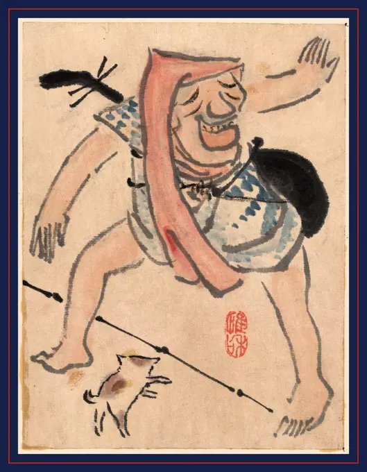 Caricature of musician or actor dancing, with a cat at his feet, Ki, Baitei, 1734-1810, artist, between 1755 and 1810, 1 drawing : color.