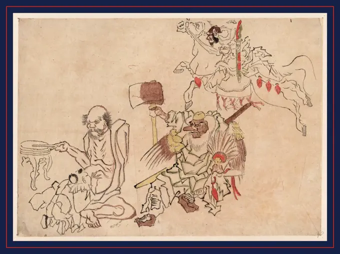 Tengu nado, Tengu and miscellany., between 1830 and 1868, 1 drawing : ink and light colors ; 26.8 x 37.2 cm., Drawing shows three vignettes, warrior on horseback, warrior with large ax, and an old man sitting, beating a drum, with a man kneeling before him.