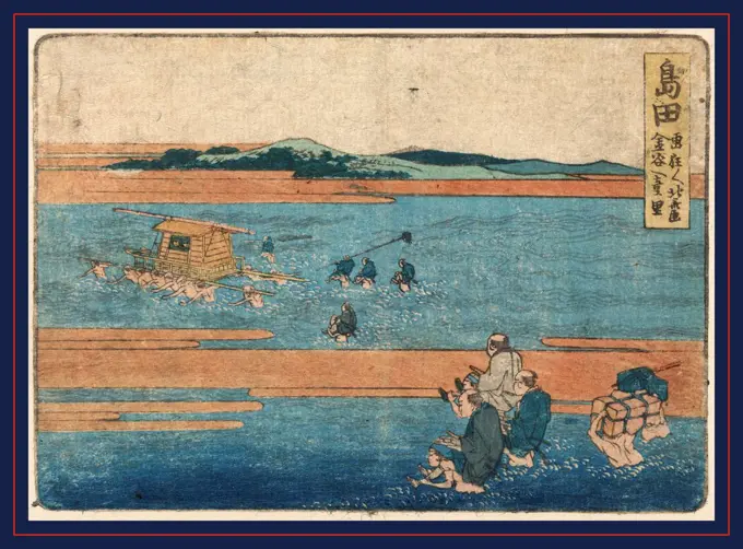 Shimada, Katsushika, Hokusai, 1760-1849, artist, 1804., 1 print : woodcut, color ; 11.8 x 16.6 cm., Print shows porters carrying a large sedan chair, pilgrims, and packages across a wide stream.