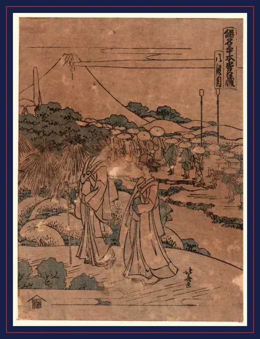 Hachidanme, Act eight of the Kanadehon Chushingura., Katsushika, Hokusai, 1760-1849, artist, between 1804 and 1812, 1 print : woodcut, color ; 22.7 x 17 cm., Print shows Tonase, Honzo's wife, and her stepdaughter Konami passing Mount Fuji on Konami's bridal journey to find Rikiya; many pilgrims are visible behind them traveling on the Tokaido Road. Scene from act eight of the play Chushingura or revenge of the 47 Ronin.