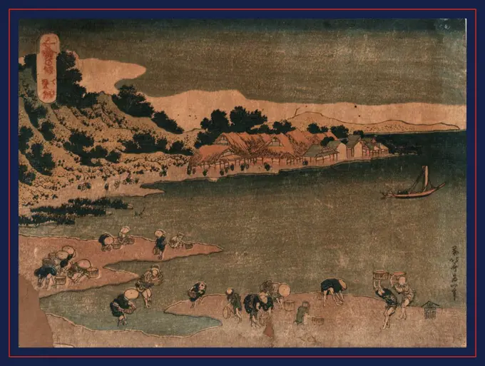 Shimosa nobuto, The coast of Nobuto in Shimosa., Katsushika, Hokusai, 1760-1849, artist, 1833 or 1834, 1 print : woodcut, color ; 19.1 x 25.6 cm., Print shows several people digging for clams on the beach, with small village in the background.