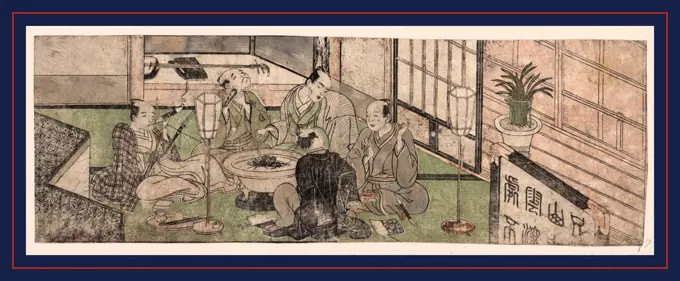 Hibachi o kakomu gonin no otoko, Five men relaxing around a hibachi., Katsukawa, Shunsho, 1726-1793, artist, 1772 or 1773, 1 print : woodcut, color ; 12.1 x 35.5 cm., Print shows five men relaxing around a hibachi; a shamisen rests on a platform in a room to the rear, and a standing screen with various symbols is in the foreground.