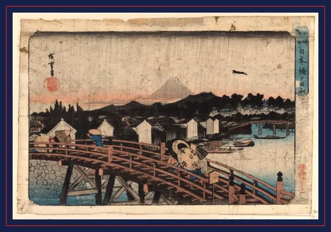 Nihonbashi no hakuu, Rain over Nihonbashi., Ando, Hiroshige, 1797-1858, artist, between 1832 and 1836, 1 print : woodcut, color ; 25.3 x 38.3 cm., Print shows pedestrians crossing the Nihon bridge over the Nihonbashi River during a rain storm; view of Mount Fuji in the distance.