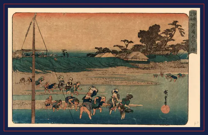 Susaki shiohigari, Salt gathering at Suzaki., Ando, Hiroshige, 1797-1858, artist, between 1833 and 1836, 1 print : woodcut, color ; 23 x 36.7 cm., Print shows several people gathering salt in a shallow inlet.