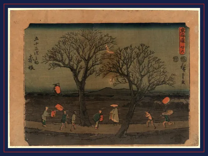 Akasaka, Ando, Hiroshige, 1797-1858, artist, between 1848 and 1854, 1 print : woodcut, color ; 18.4 x 25.7 cm., Print shows travelers, including several with lanterns, passing between two trees at night under a crescent moon near the Akasaka station on the Tokaido Road.