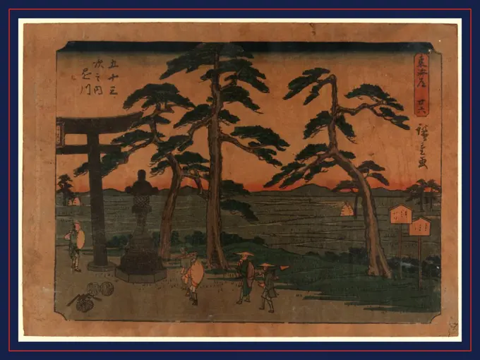Kakegawa, Ando, Hiroshige, 1797-1858, artist, between 1848 and 1854, 1 print : woodcut, color ; 18.4 x 25.6 cm., Print shows travelers pausing at statue next to a torii at the Kakegawa station on the Tokaido Road.