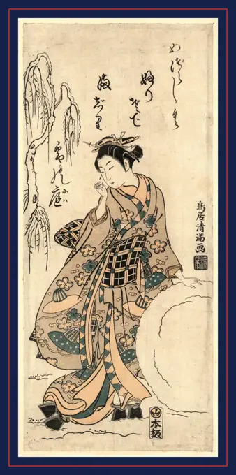 Yukidama o tsukuru musume, Young lady making a snowball., Torii, Kiyomitsu, 1735-1785, artist, 176-, 1 print : woodcut, color ; 38.3 x 16.9 cm., Print shows a young woman, wearing high geta and a kimono with hat designs, rolling a large snowball.