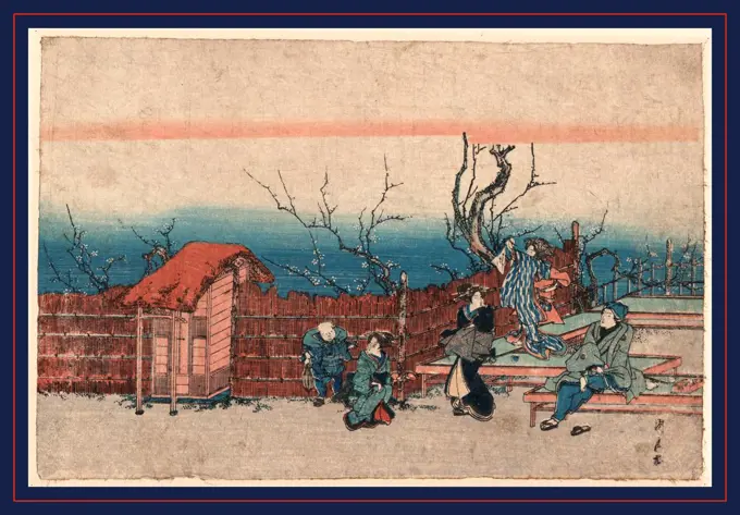 Kameido umeyashiki, Villa at Kameido., Utagawa, Kunitora, -1868, artist, between 1830 and 1868, 1 print : woodcut, color ; 22.9 x 34.1 cm., Print shows a family within the bamboo walls of a riverside villa.
