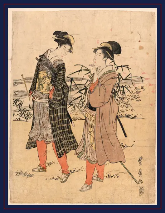 Yatsushi takajo, Transformed falconry., Utagawa, Toyohiro, 1773-1829, artist, [between 1798 and 1801, 1 print : woodcut, color ; 34.1 x 26 cm., Print shows two men walking, one with a falcon on his left arm.