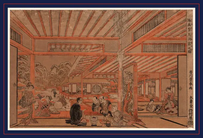 Ukie yukimi shuen no zu, Perspective picture of a drinking party viewing the snow., Utagawa, Toyoharu, 1735-1814, artist, between 1772 and 1774, 1 print : woodcut, color ; 24.1 x 37.3 cm., Print shows a view through multiple rooms of small gatherings, men playing board game, women playing with pets, drinking tea, and outside in the snow, rolling large snowballs.
