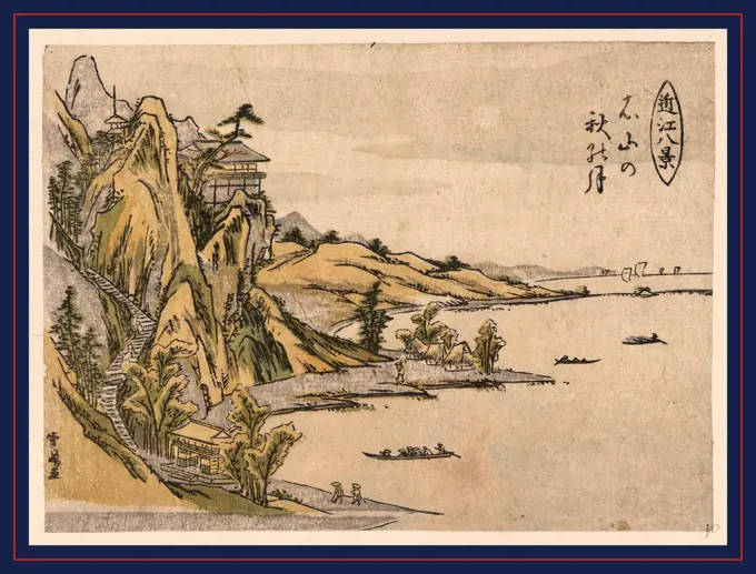 Ishiyama no aki no tsuki, Autumn moon over Ishiyama., Sekkyo, Sawa, active 1790-1818, artist, between 1804 and 1818, 1 print : woodcut, color ; 15.6 x 21.3 cm., Print shows a temple(?) on a mountain on the coastline of Ishiyama in the Omi Province, with a shrine on the shore, pilgrims or travelers on stairway leading up the mountainside, and boats offshore.