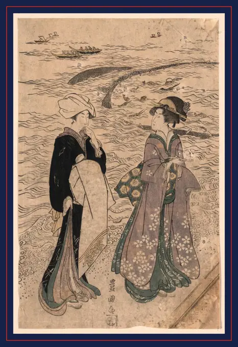 Jibukiami, Fishing net., Utagawa, Toyokuni, 1769-1825, artist, 1799 or 1800, 1 print : woodcut, color ; 38.1 x 24.8 cm., Print shows a woman holding a pipe, walking with a female attendant along the seashore; in the background are boats and large fishing nets.