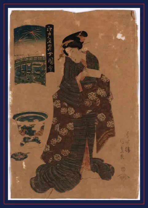 Ryogoku no hanabi, Fireworks at Ryogoku., Utagawa, Toyokuni, 1786-1865, artist, between 1818 and 1830, 1 print : woodcut, color ; 37.4 x 25.4 cm., Print shows a woman, full-length portrait, standing, facing left, holding folded papers, possibly a letter, with wall-hanging showing scene of fireworks bursting above a bridge.