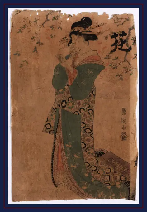 Hana, Flower., Utagawa, Toyokuni, 1769-1825, artist, between 1804 and 1810, 1 print : woodcut, color ; 35.6 x 23.2 cm., Print shows a woman, full-length portrait, standing beneath a tree branch with blossoms, facing left, with several hairpins in her hair, holding a handkerchief next to her right eye, looking at a mirror or picture in her left hand.